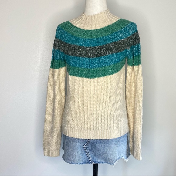 Cream sweater with Green, blue and grey striped top of sweater - Picture 3 of 6